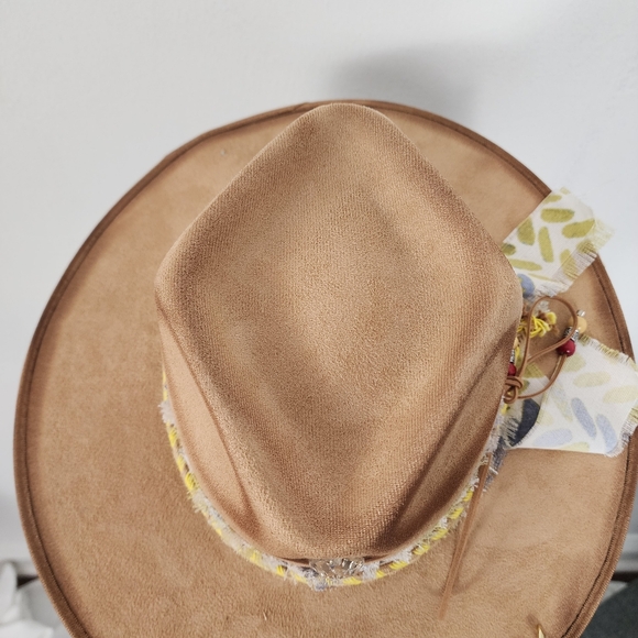 Light Tan Faux Suede Sun Hat with Crystal Gem and Fabric Band - Picture 9 of 10